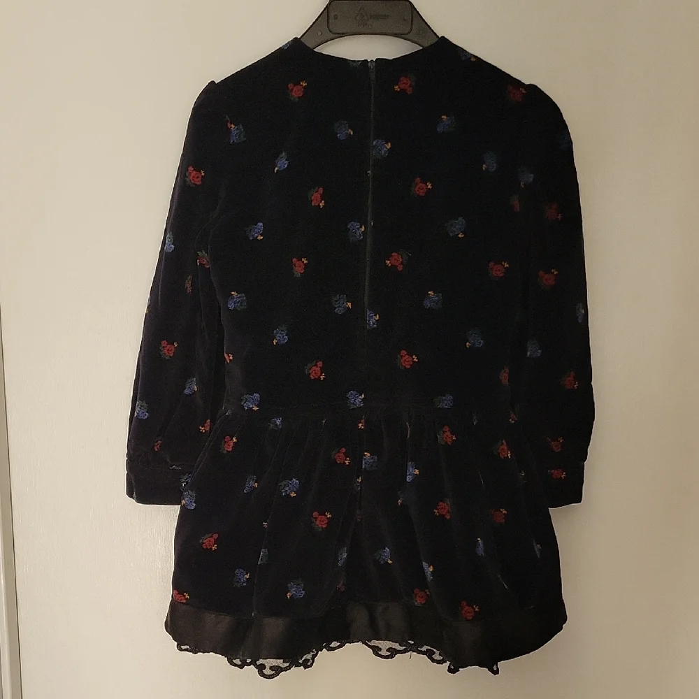 Holiday Black Velvet Velour Floral Lace Trim Kids Dress Long Puffy Sleeves Italy